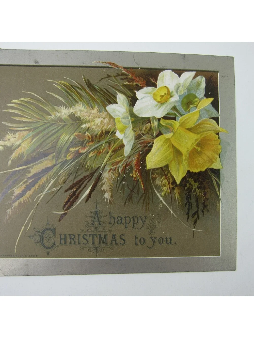Victorian Christmas Card Flowers Yellow & White Raphael Tuck & Sons Antique